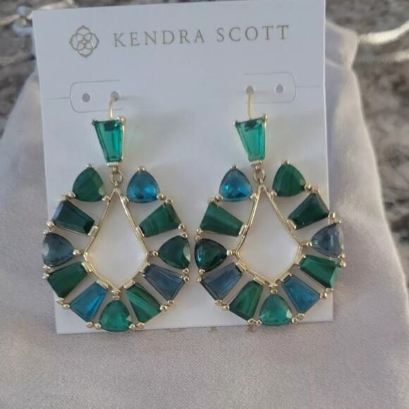 Kendra Scott Blair Statement  Earrings Gold Green Mix NWT‎ $175 KS Pouch! - Picture 2 of 4